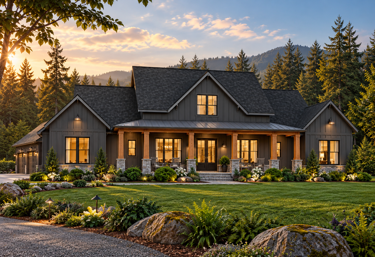 Front exterior of the custom 2,400-square-foot modern farmhouse