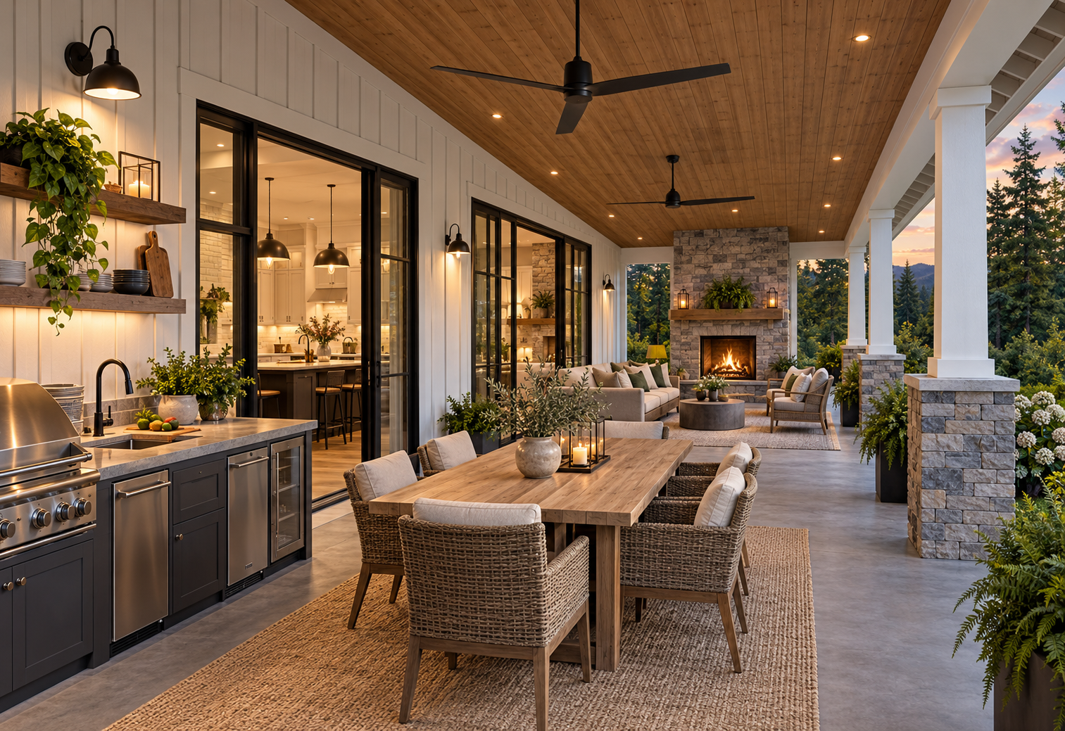 Covered rear porch with outdoor kitchen and fireplace