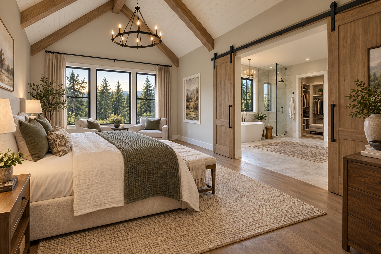 Private primary suite with cathedral ceiling
