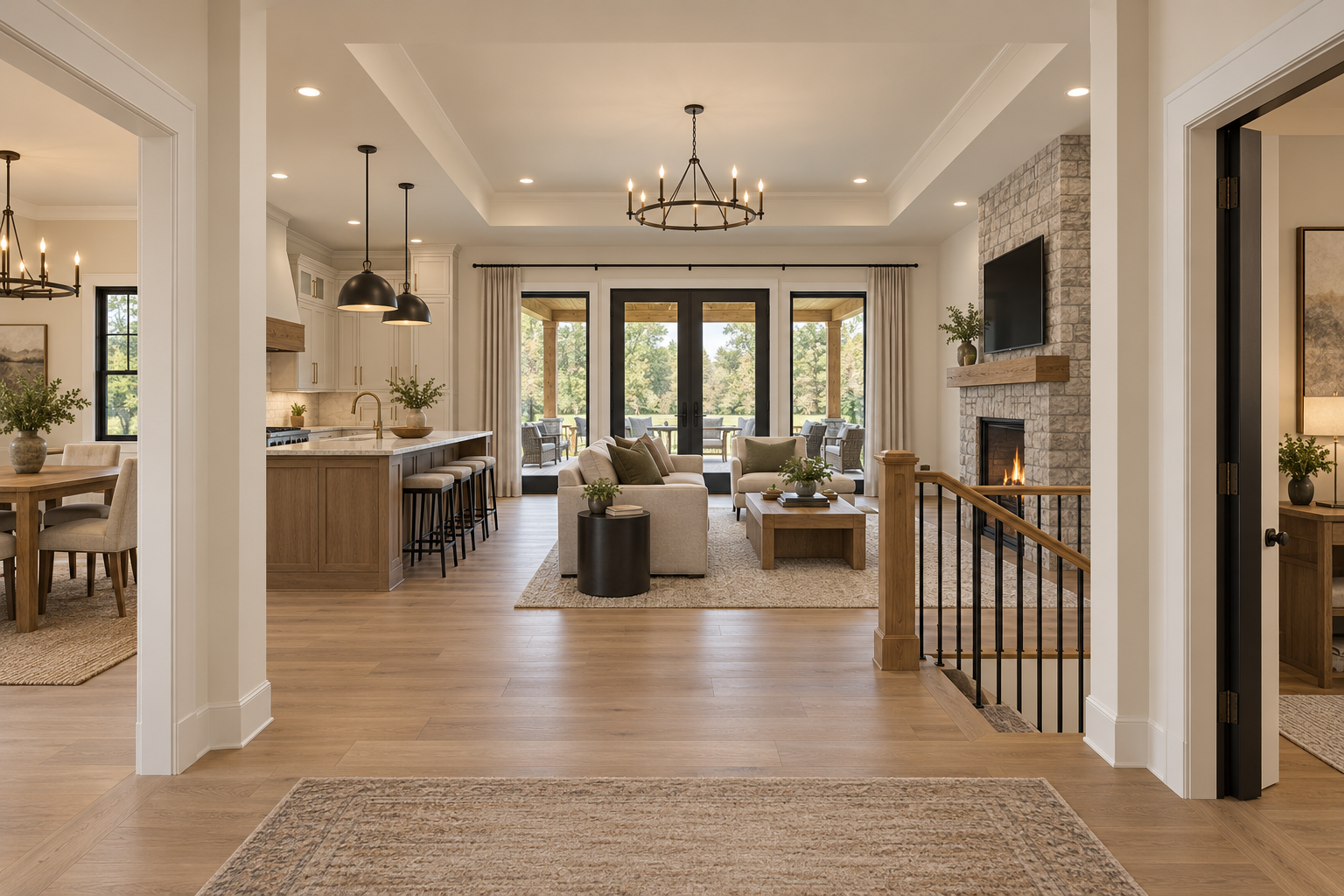 Great room viewed from the foyer with dining room left, office right, kitchen rear-left and fireplace right