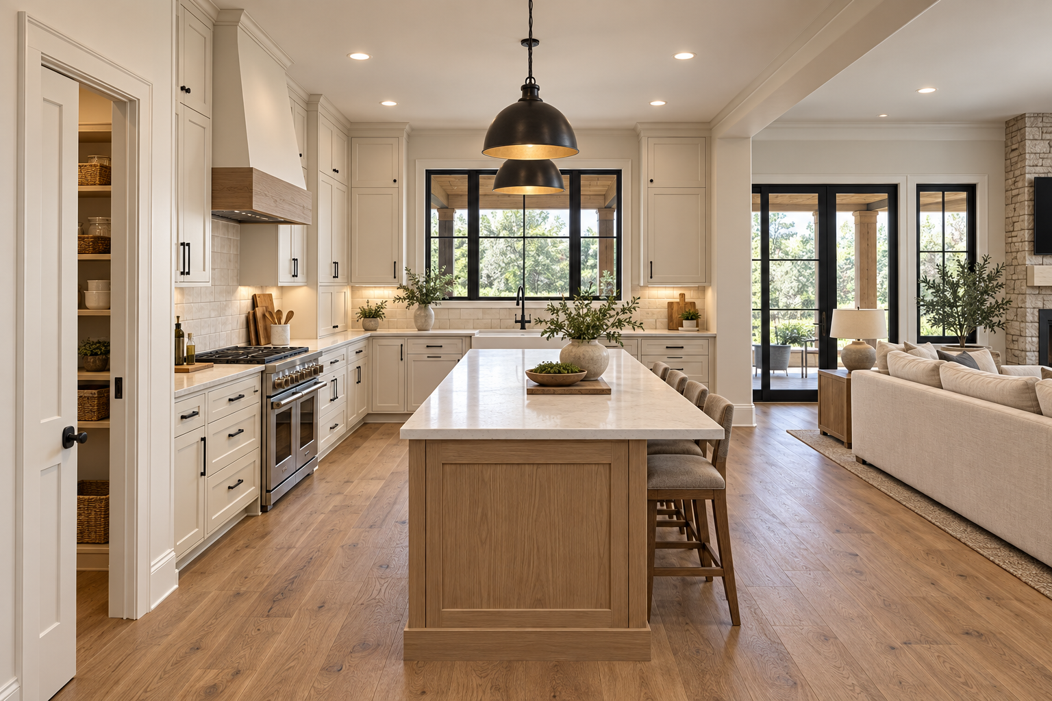 Kitchen with central island, rear-facing sink, pantry left and open great room right