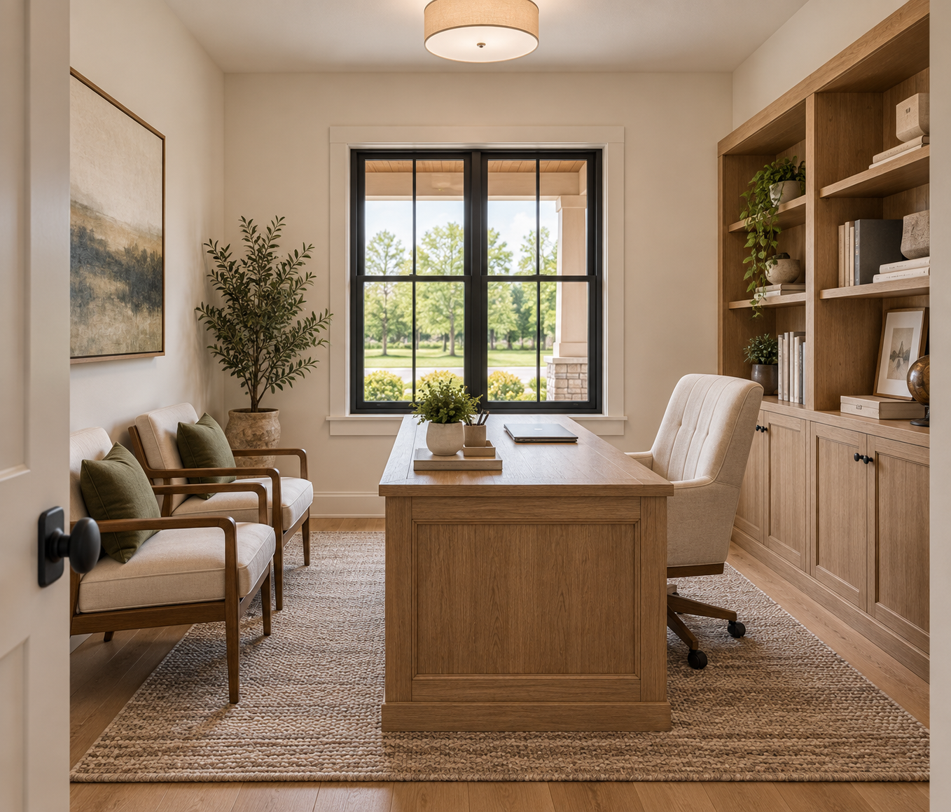 Compact dedicated home office beside the front foyer